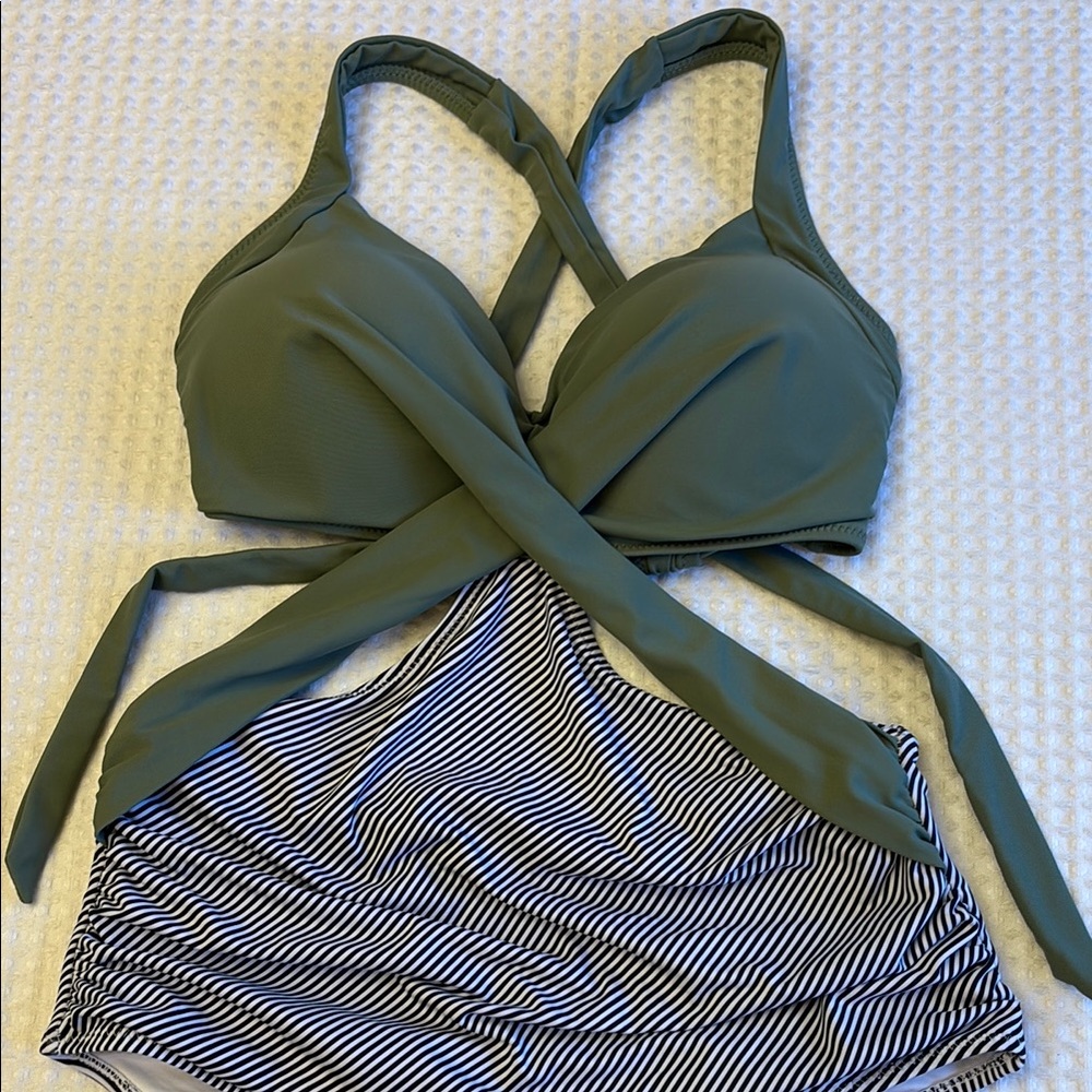 Medium Olive Sage Green Black White Striped Monokini One Piece Swimsuit - Picture 2 of 16